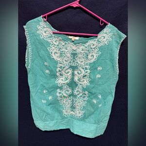 Embroidered Teal Sleeveless Top small Matty M made in India